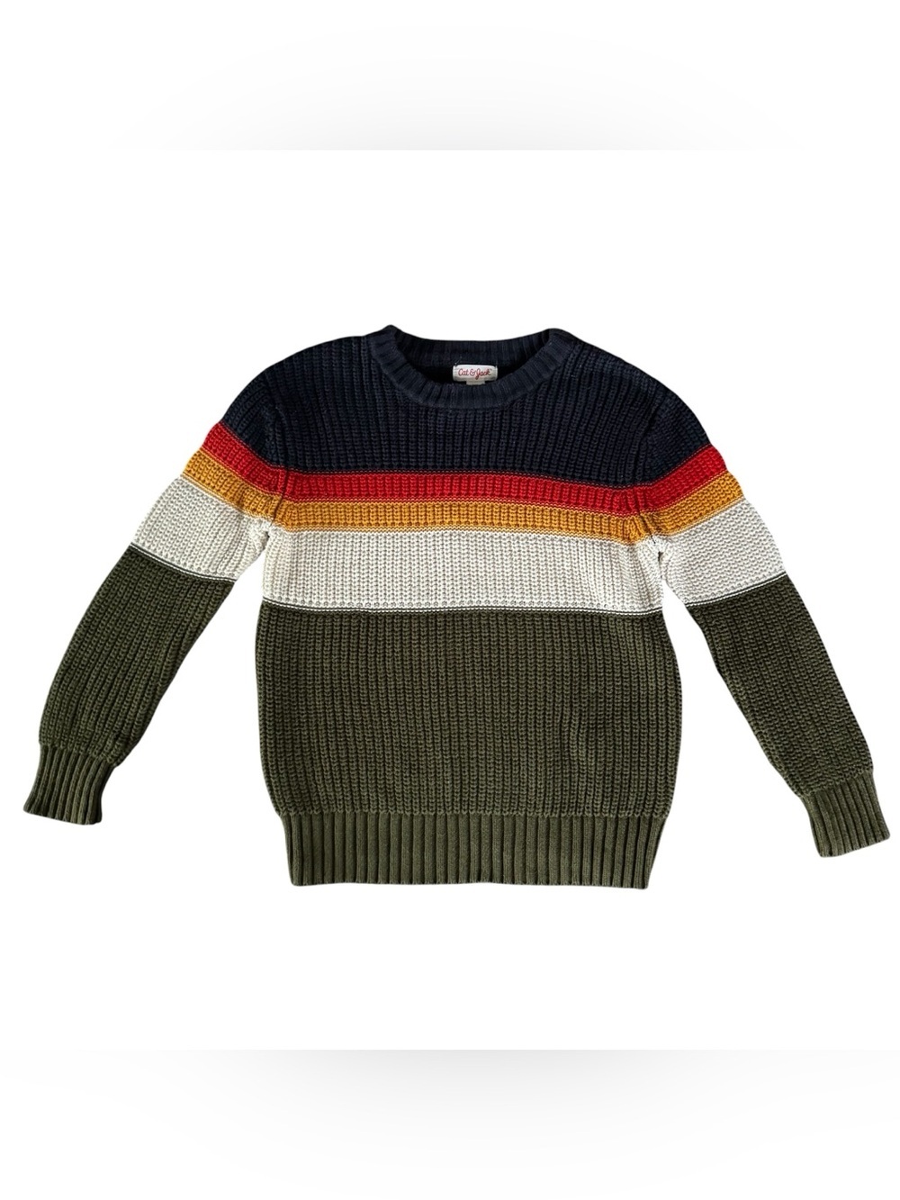 Cat & Jack Striped Crewneck Sweater Knit Navy Olive White Red Orange Holiday 5T